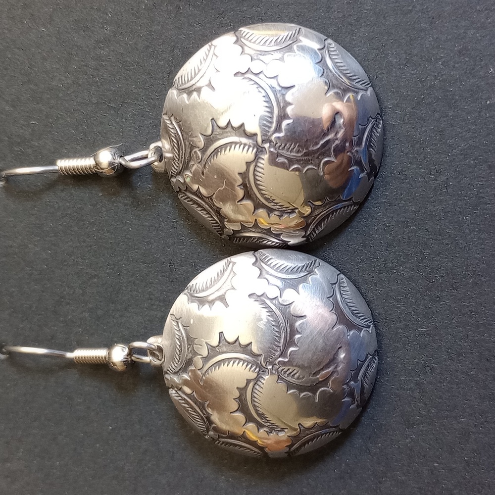 Sterling Silver Stamped Tribal Swirl Design Dangle Earrings